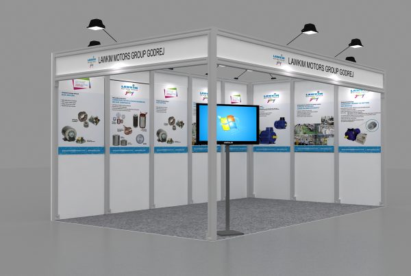 Lawkim Motors Group exhibit with digital screen and product displays.