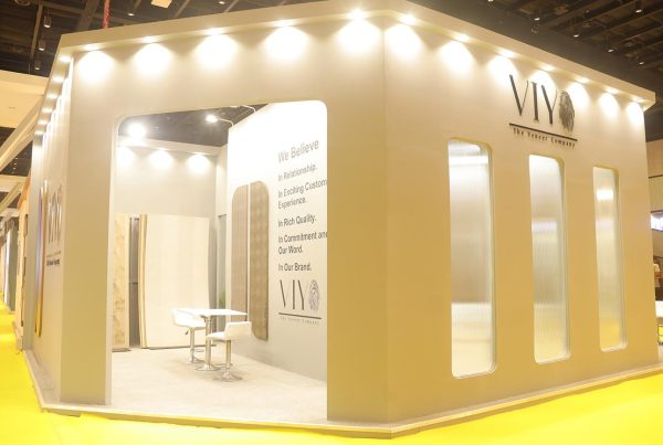 VIV brand display at an exhibition with seating area