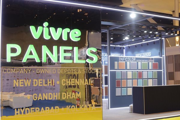 Color samples from Vivre Panels displayed at an exhibition.