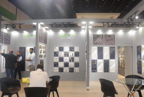 Interior view of a hardware showroom with product displays.