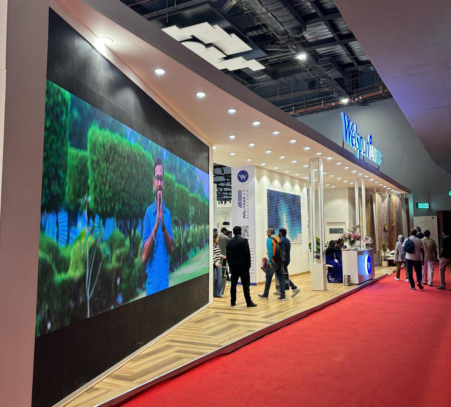 Welspun pavilion at Bharat Tex, New Delhi — LED wall and walkway by Vasant Creative