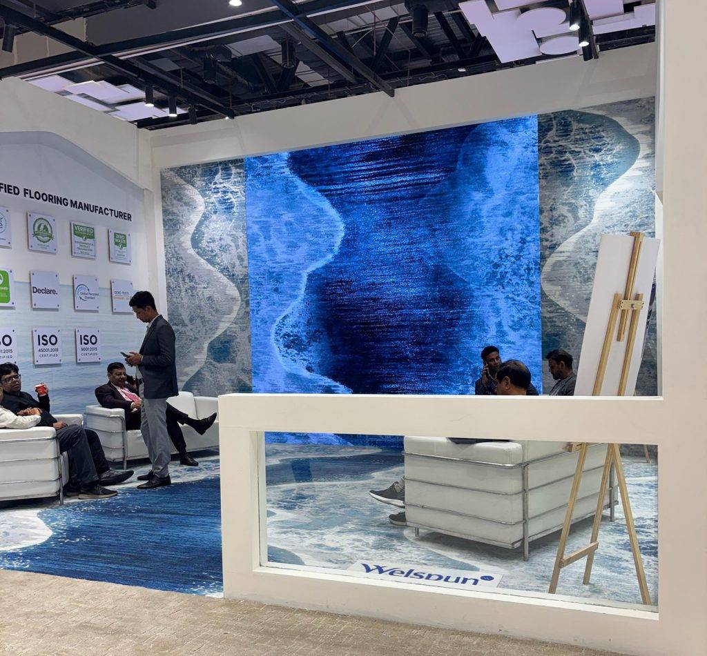 Welspun pavilion interior at Bharat Tex, New Delhi — exhibition stall by Vasant Creative